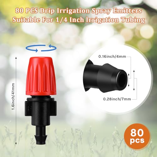 RimCereal 80 Pcs 1/4 Inch Drip Irrigation Kit - Drip Emitters with 360 Adjustable Spray Pattern Pom Material Water Saving Solution for Garden Agricultural and Patio Misting Systems(Single Barb) - Image 2