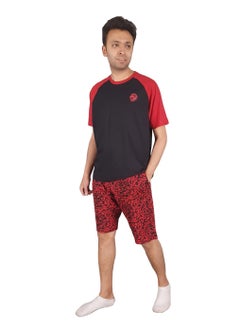 Men Summer Pajama Set Printed Top & Plain Short -Black*Red