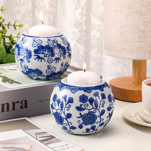 Soaoo 2 Pack Blue and White Candle Holders Chinoiserie Decor Porcelain Tealight Candleholders Votive Candle Holders for Holiday, Wedding, Party Table Centerpiece Home Decor, 1.85 x 2.75 - Image 1