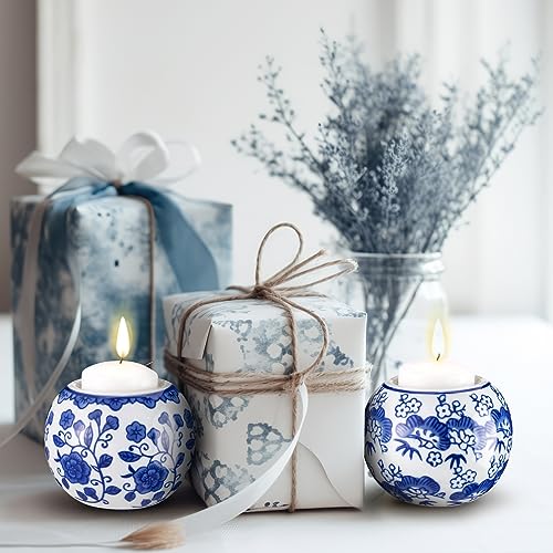 Soaoo 2 Pack Blue and White Candle Holders Chinoiserie Decor Porcelain Tealight Candleholders Votive Candle Holders for Holiday, Wedding, Party Table Centerpiece Home Decor, 1.85 x 2.75 - Image 2
