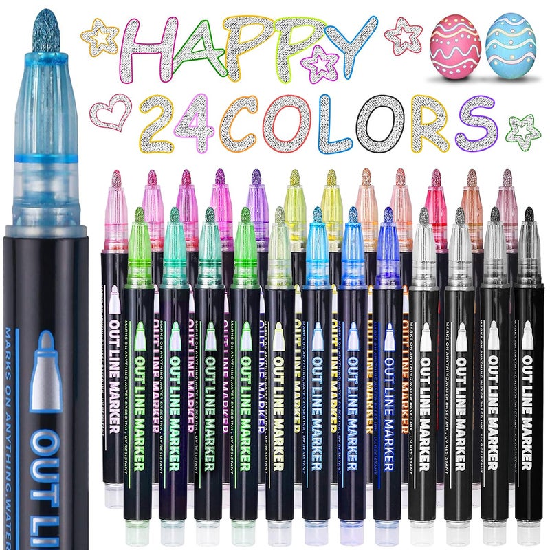 Yangmei Valentines Day Gifts for Kids Outline Glitter Markers Easter Basket Stuffers Tween Teen Girl Gifts Trendy Stuff 24 Outline Markers Art Supplies for Kids 912 Gift for 412 Year Old Girls