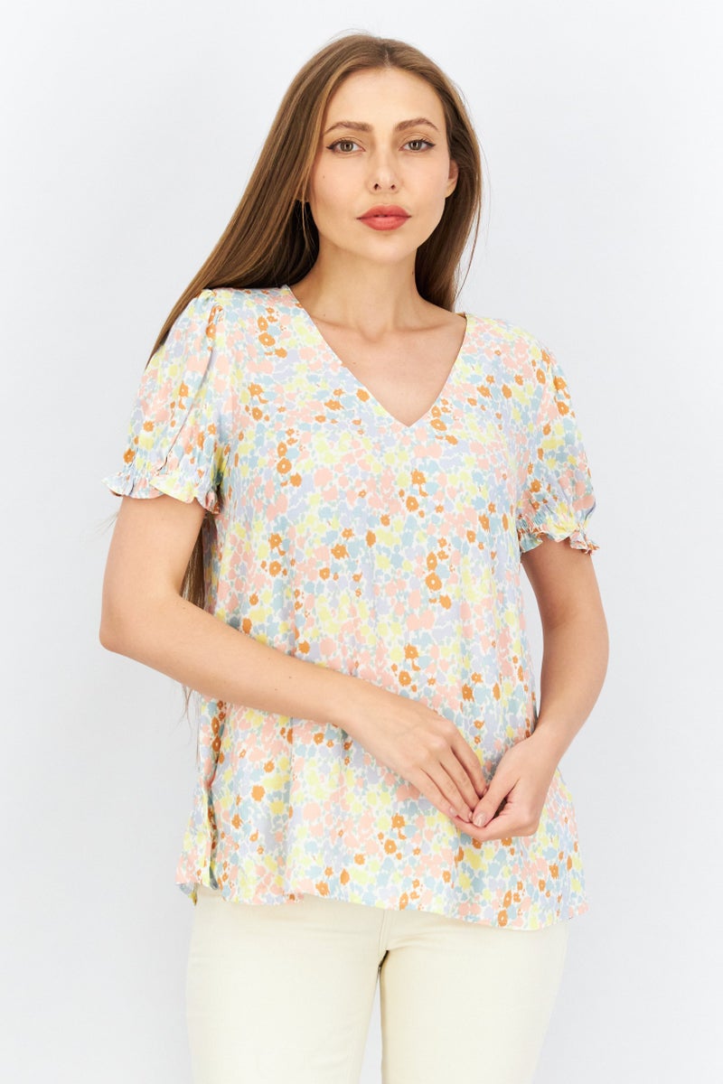 EDC Women V-Neck Short Sleeve Allover Print Top, Multicolor - Image 1