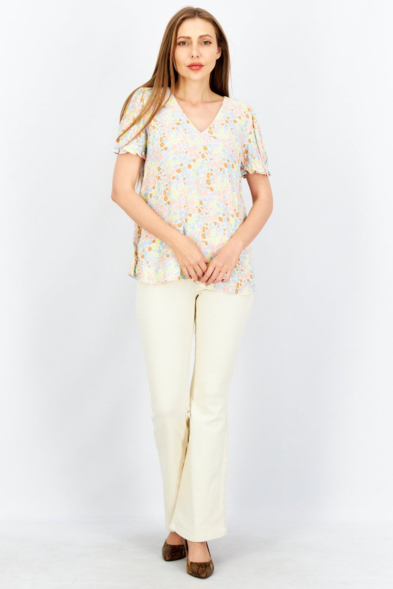 EDC Women V-Neck Short Sleeve Allover Print Top, Multicolor - Image 2