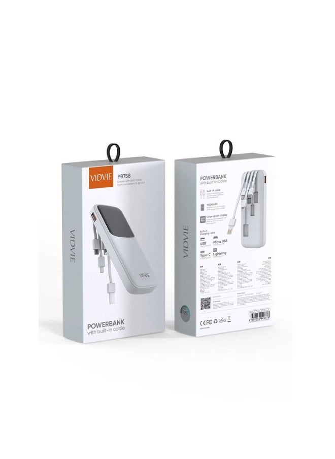 Power Bank Vidvie PB758 4 in 1 (Usb,Type-c,Micro,PD) Fast Charger 10,000 mAh - 4 Built-in Cables (White)