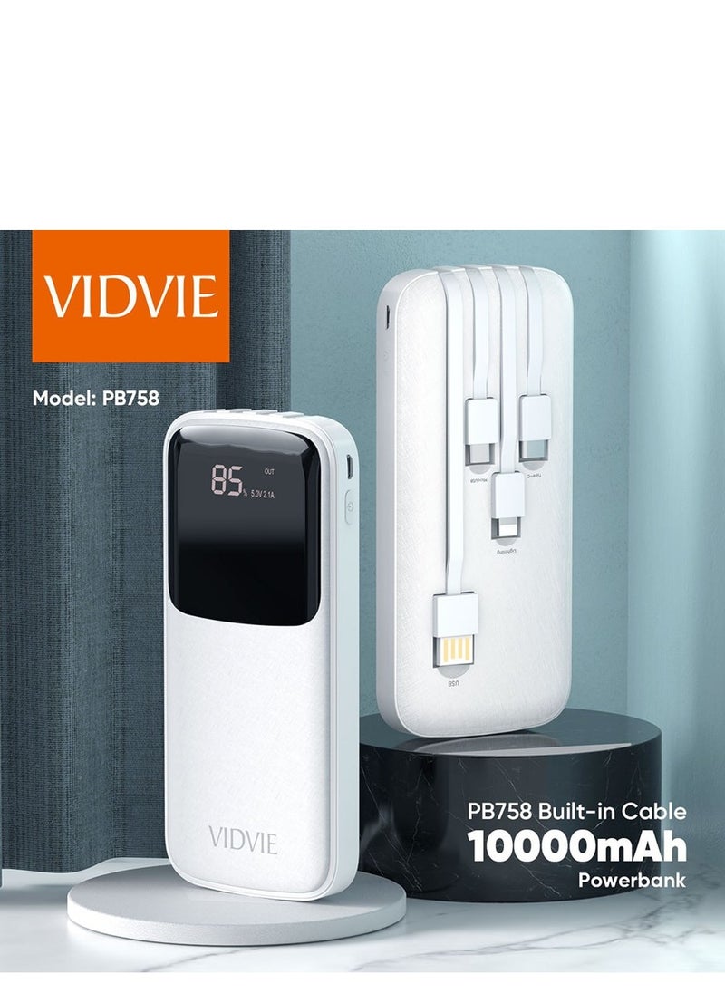 Power Bank Vidvie PB758 4 in 1 (Usb,Type-c,Micro,PD) Fast Charger 10,000 mAh - 4 Built-in Cables (White)