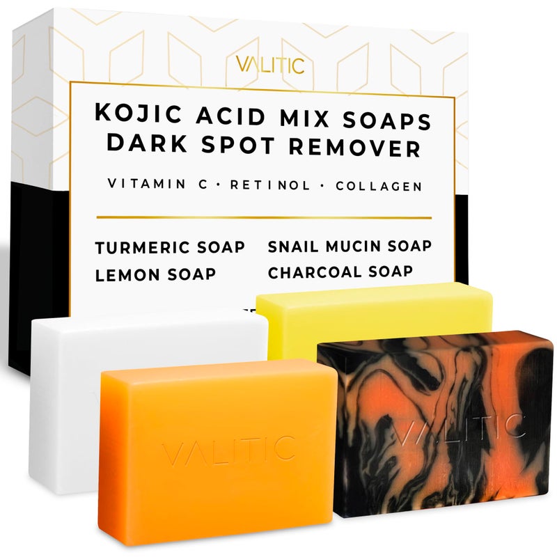 VALITIC Kojic Acid Soap Bars - Turmeric, Snail Mucin, Charcoal and Lemon - 4 Assorted Dark Spot Remover Soaps with Hyaluronic Acid, Vitamin C, Vitamin E and Shea Butter - Image 1