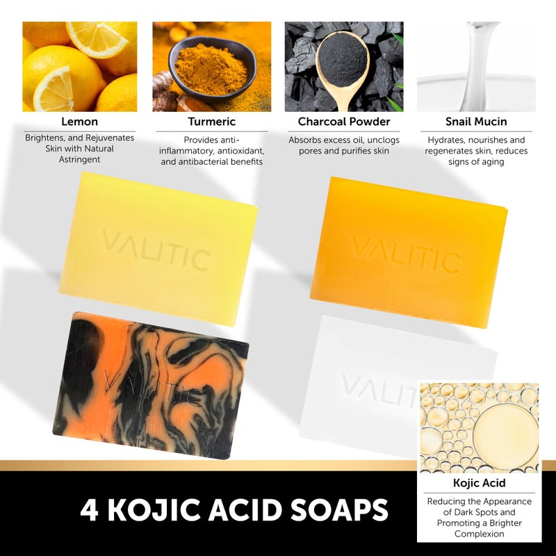 VALITIC Kojic Acid Soap Bars - Turmeric, Snail Mucin, Charcoal and Lemon - 4 Assorted Dark Spot Remover Soaps with Hyaluronic Acid, Vitamin C, Vitamin E and Shea Butter - Image 3