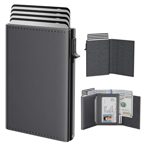 typecase محفظة رجال من تايب كيس: علبة ألومنيوم قابلة للفتح، جلد طبيعي فاخر، ذكي، مانع RFID، نحيف، بسيط، جيب أمامي - سعة 9-14 بطاقة | نافذة هوية | فتحة نقدية - رمادي داكن - Image 1