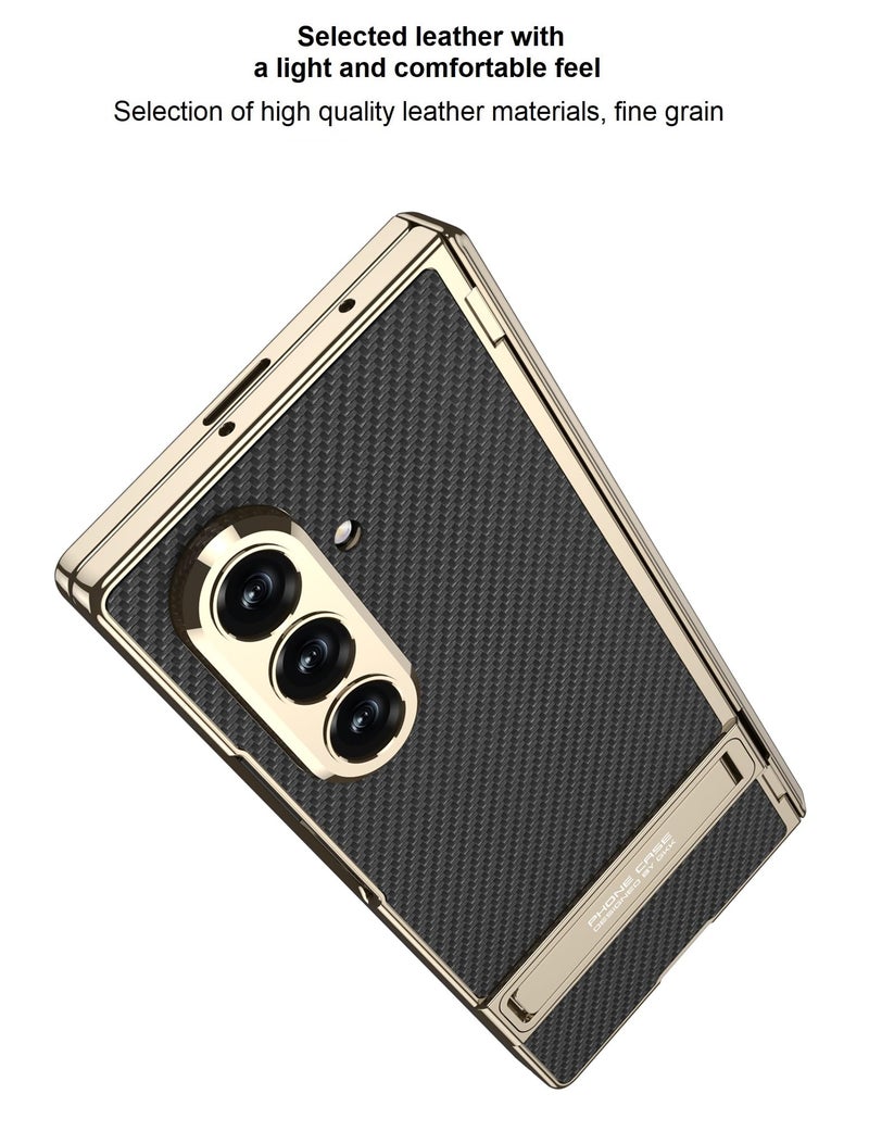 Midkart Magnetic Case Compatible with Samsung Galaxy Z Fold 7 Release 2025 Hinge Protection Leather Cover with Stand Electroplated Camera Protection, Fiber Black & Gold - Image 4