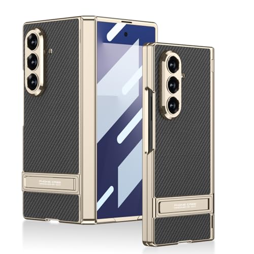 Midkart Magnetic Case Compatible with Samsung Galaxy Z Fold 7 Release 2025 Hinge Protection Leather Cover with Stand Electroplated Camera Protection, Fiber Black & Gold - Image 1