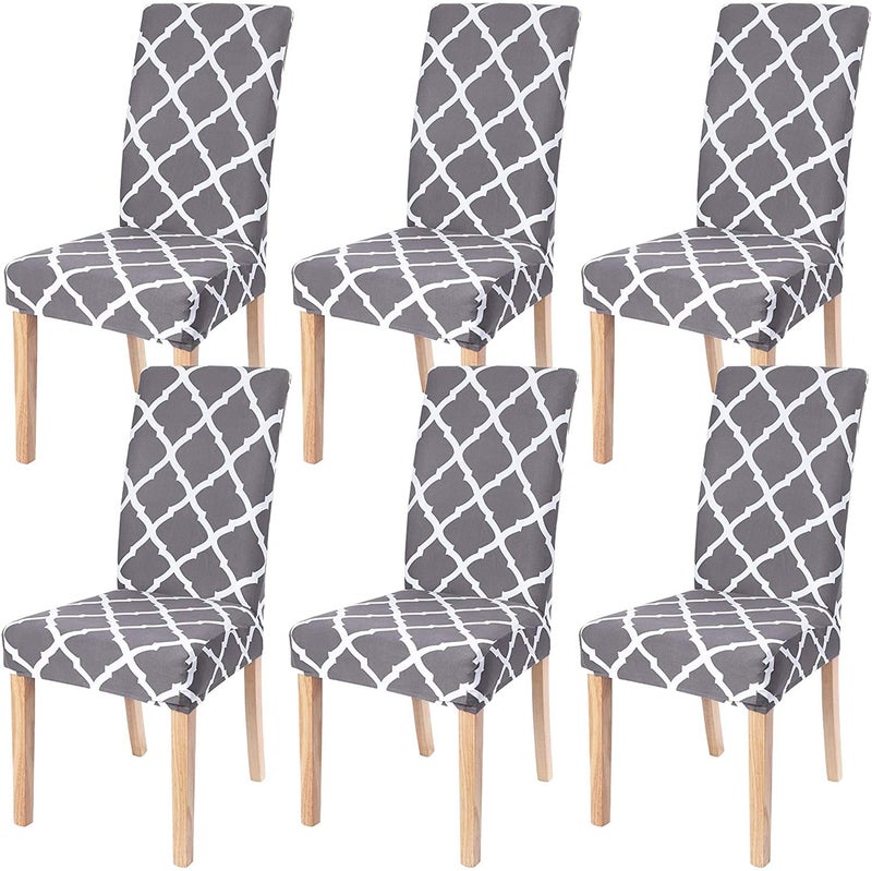 Styleys Polyester Elastic Dining Chair Covers Stretchable Washable Chair Protector for Home, Kitchen, Party, Restaurant SLMC156 (Light Grey Check) - Set of 6 - Image 1