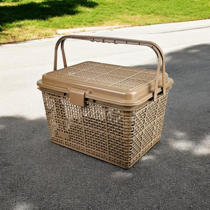 Go Hooked منظم تخزين النزهة متعدد الاستخدامات Go Hooked | صندوق تخزين بلاستيكي بعرض 40 سم وارتفاع 22.5 سم | محمول، متين، وحاوية للطعام، والأدوات، والضروريات الخارجية بلون بني فاتح - Image 1