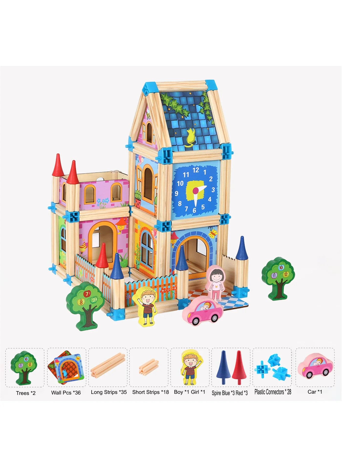 128-Piece Wooden Castle Building Blocks Set Gift for Boys and Girls Toy Set