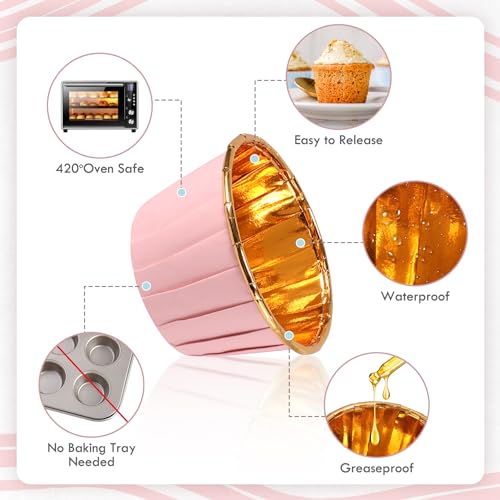 TRUSBER Pink and Gold Foil Cupcake Liners,100 pcs Disposable Muffin Liners 3.5 Oz Wrappers for Baking, Metallic Muffin Paper Cases Baking Cups Cupcake Liner for Wedding Party, Mother's Day - Image 3