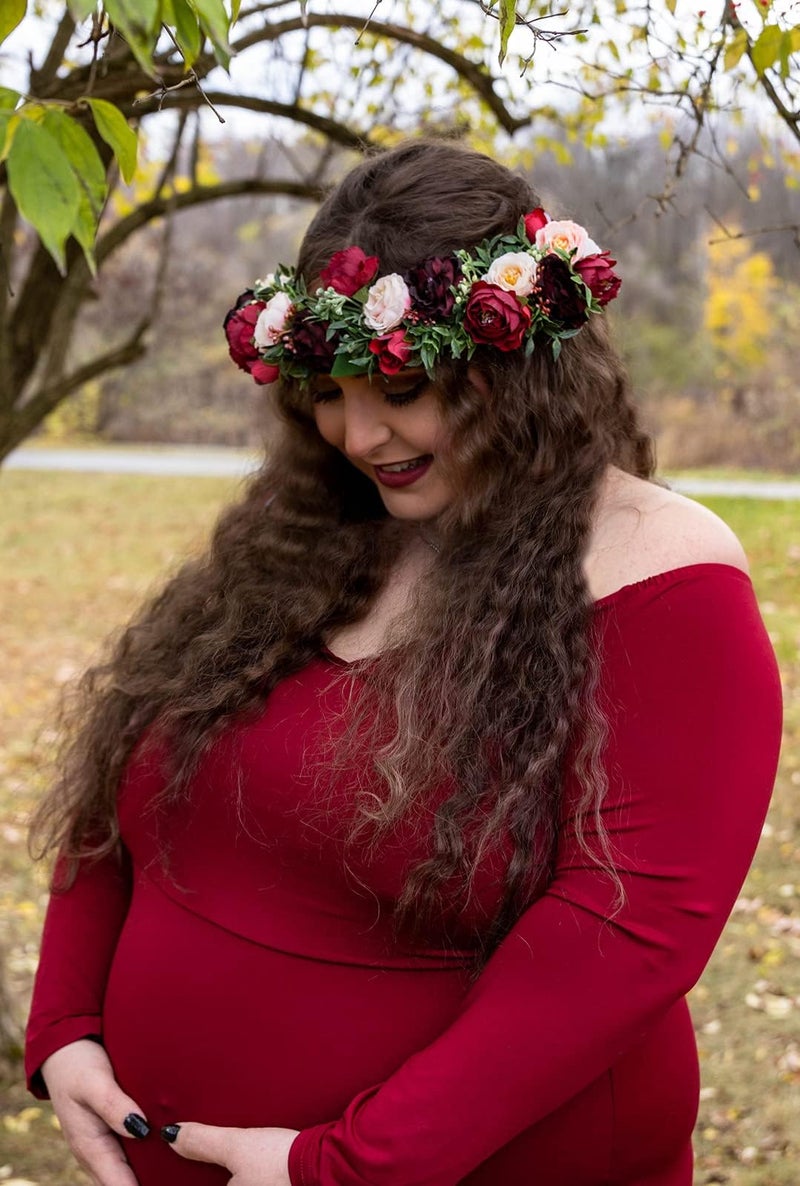 DreamLily Maternity Woodland Photo Shoot Peony Flower Crown Hair Wreath Wedding Headband BC44 (Style 12 Burgundy Camellia) - Image 4