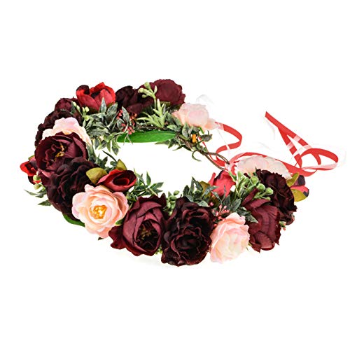 DreamLily Maternity Woodland Photo Shoot Peony Flower Crown Hair Wreath Wedding Headband BC44 (Style 12 Burgundy Camellia) - Image 1