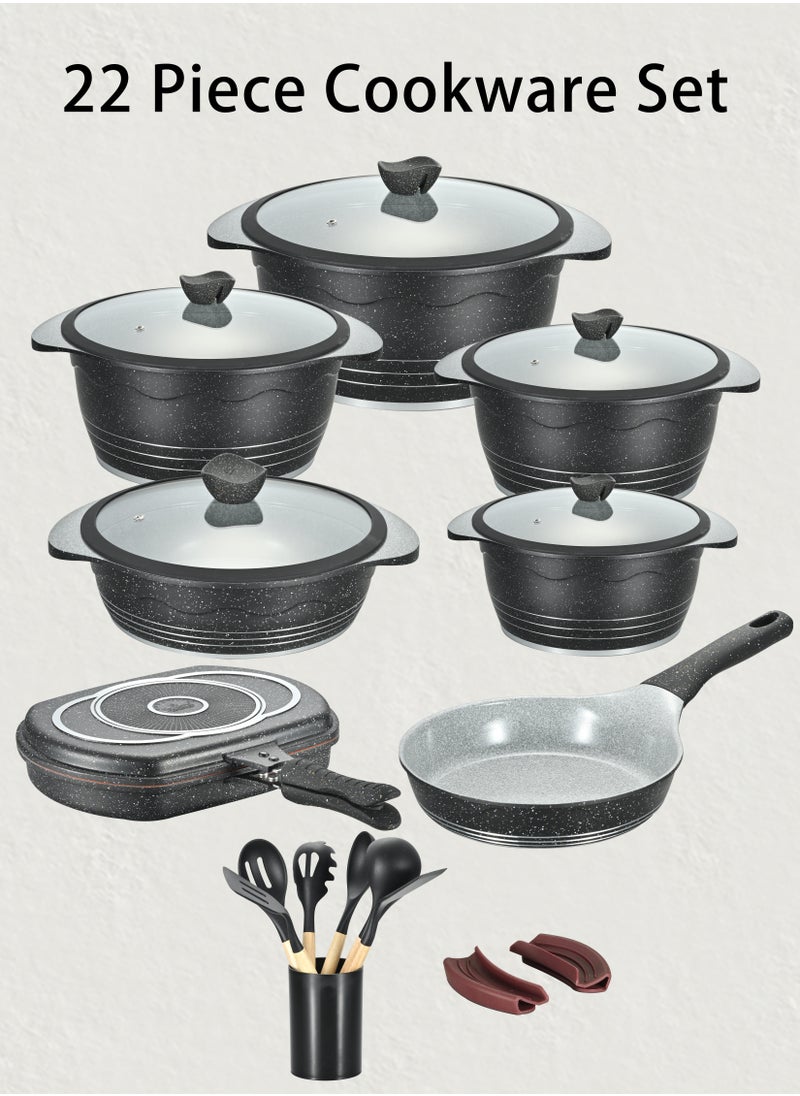 Rockland 22-piece Granite-coated Non-stick Cookware Set For All Stoves, Including Frying Pan, Stew Pan, Sauté Pan, Roasting Pan And Spatula Set, Pfoa-free, Glass Lid With Silicone Rim And Non-slip Handle (Black)  - Image 2