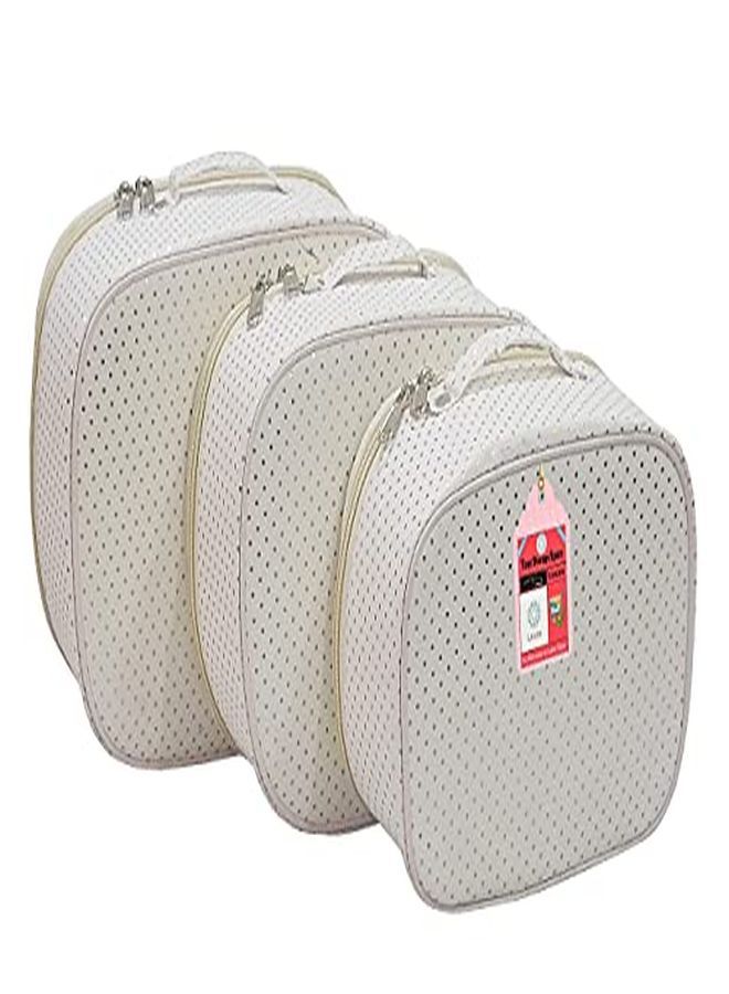 Luces 3 Pc Different Sizes Pouch Fabric Bag Set, Purse Size Makeup Organizer Bag Kit Toiletry Bag Wardrobe Organizer Jewellery Pouch (Cream)  - Image 1