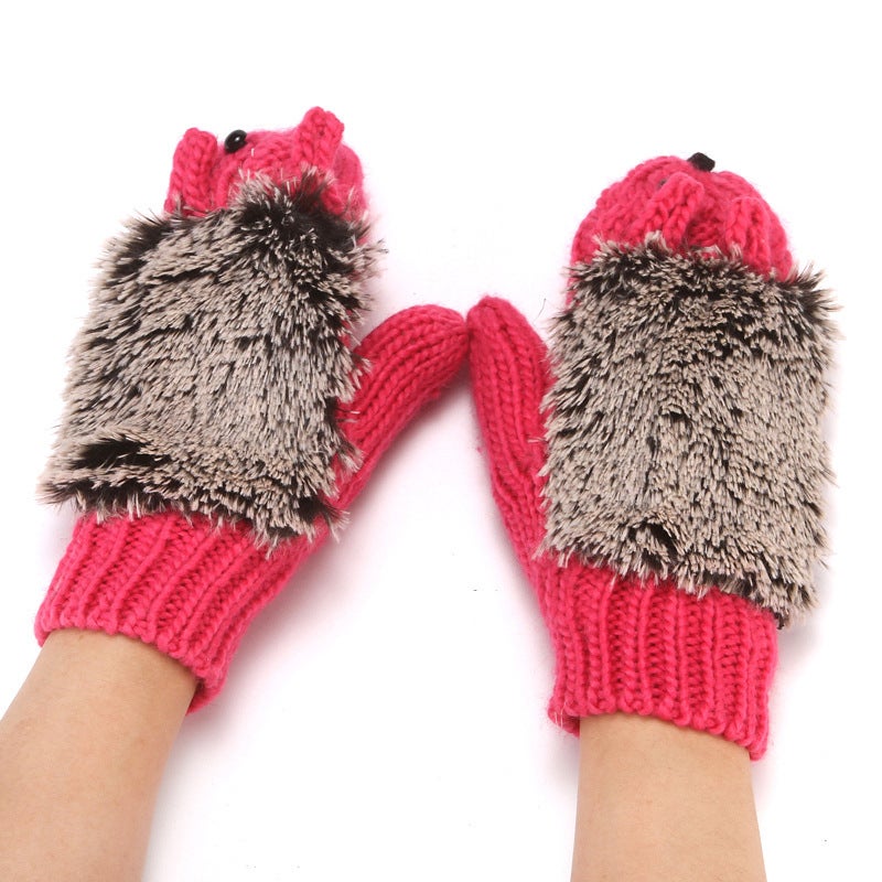Knitted gloves womens autumn and winter fleece-lined warm bag finger gloves hot selling hedgehog finger cartoon finger glovesHedgehog Rose Red Hedgehog Rose Red 