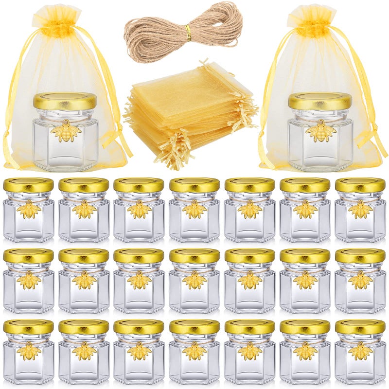Nuogo 100 Set 15 oz Mini Hexagon Glass Honey Jars Small Honey Jars with Bee Pendants Twine Golden Gift Bags Honey Jars with Gold Lids Glasses Canning Jars for Baby Shower Wedding Favors