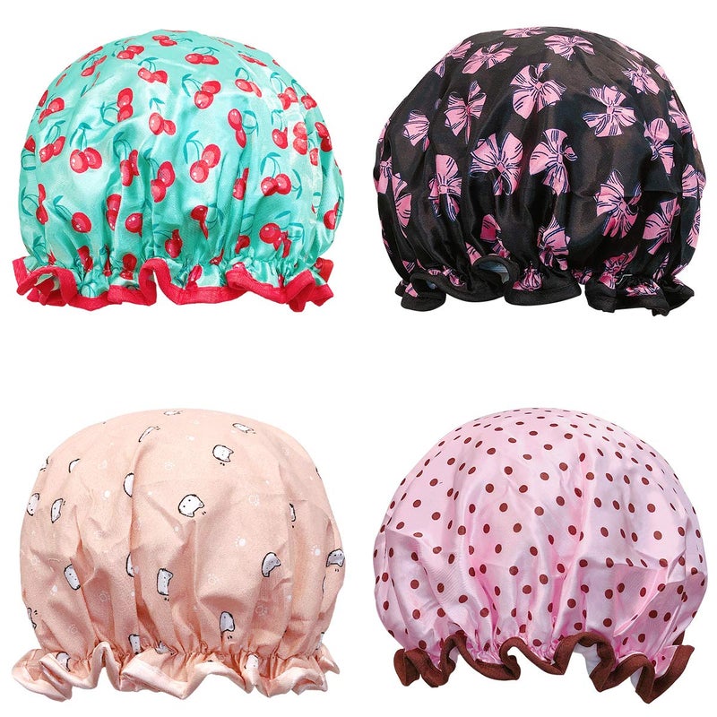 Wrapables Stylish Double Layer Waterproof Shower Caps Set of 4 Dots Cherries Kitties