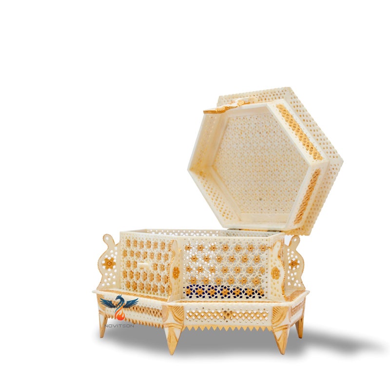 Novitson Royal mashrabi Dahab Hexagon Jewel Box – Handcrafted Limited Edition | Animal Bone Exterior, Velvet Interior | Vintage Keepsake Storage for Valuables & Decor - Image 1