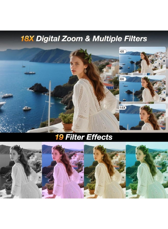 الكاميرا الرقمية، كاميرات رقمية قابلة للتصوير والنقطة بدقة 5K مع بطاقة SD بسعة 128 جيجابايت، كاميرا رقمية بدقة 80 ميجابكسل للتصوير الفوتوغرافي والفيديو، كاميرا فيلمنغ الفلوجات (Vlogging) بمنشور قابل للانعكاس بقياس 3 بوصات، كاميرات رقمية بزيادة رقمية 18x للأطفال والفتيان والفتيات - Image 5