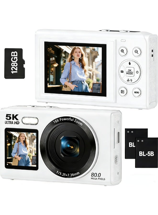 الكاميرا الرقمية، كاميرات رقمية قابلة للتصوير والنقطة بدقة 5K مع بطاقة SD بسعة 128 جيجابايت، كاميرا رقمية بدقة 80 ميجابكسل للتصوير الفوتوغرافي والفيديو، كاميرا فيلمنغ الفلوجات (Vlogging) بمنشور قابل للانعكاس بقياس 3 بوصات، كاميرات رقمية بزيادة رقمية 18x للأطفال والفتيان والفتيات - Image 1