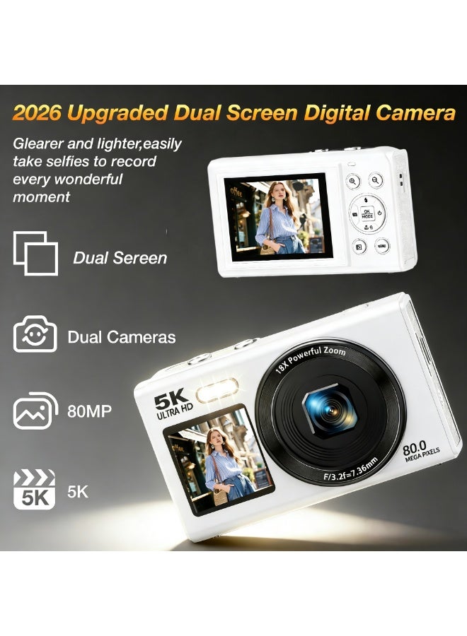 الكاميرا الرقمية، كاميرات رقمية قابلة للتصوير والنقطة بدقة 5K مع بطاقة SD بسعة 128 جيجابايت، كاميرا رقمية بدقة 80 ميجابكسل للتصوير الفوتوغرافي والفيديو، كاميرا فيلمنغ الفلوجات (Vlogging) بمنشور قابل للانعكاس بقياس 3 بوصات، كاميرات رقمية بزيادة رقمية 18x للأطفال والفتيان والفتيات - Image 2