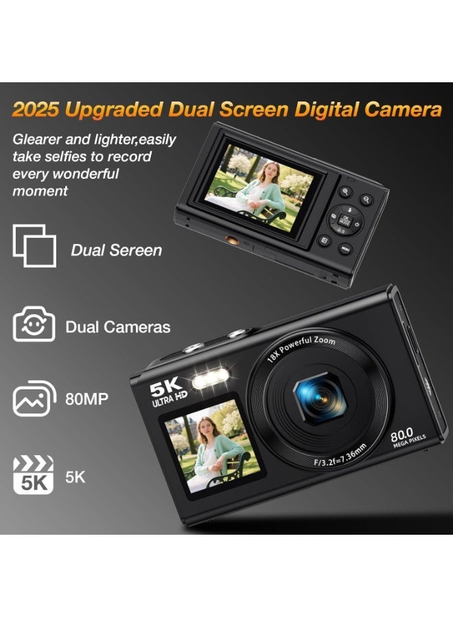 Digital Camera, 5K Point and Shoot Digital Cameras with 128GB SD Card, 80MP Digital Camera for Photography and Video, Vlogging Camera with 3'' Flip Screen, 18X Digital Zoom Cameras Digital for Kids Boys Girls - Image 2