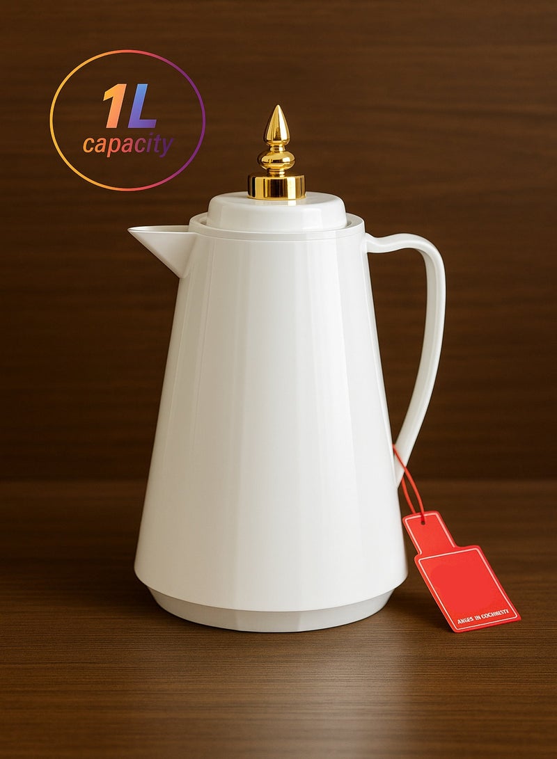 BASURRAH Thermal Tea and Coffee Flask 1 Liter – Elegant White Design with Luxurious Golden Lid, Keeps Drinks Hot or Cold for Long Periods, Perfect for Hospitality and Daily Use - Image 1