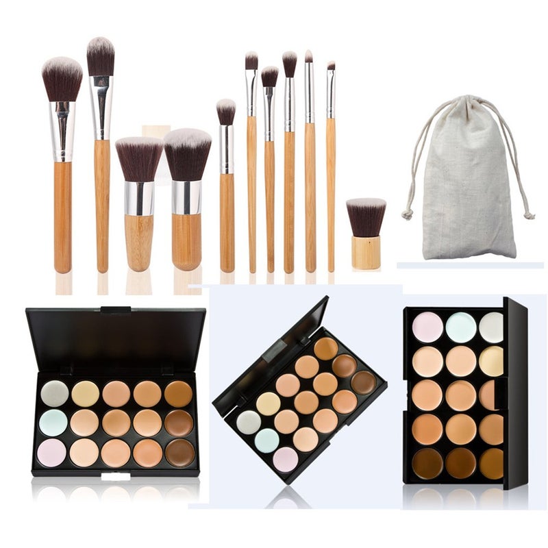 Pure Vie Pure Vie 15 Colors Cosmetics Cream Contour and Highlighting Makeup Kit Color Correcting Cream Concealer Camouflage Makeup Palette  11 Pcs Foundation Powder Concealer Eye Shadows Makeup Brushs