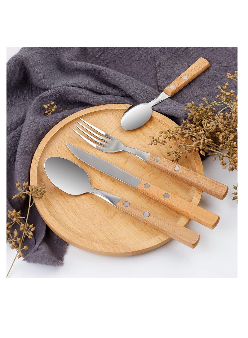 KASTWAVE Cutlery Sets, Set of 4 Stainless Steel Kitchen Tableware, Wooden Handle Knife and Fork Sets, Portable Reusable Cutlery Set, Travel Cutlery Set, Picnic Cutlery - Image 4