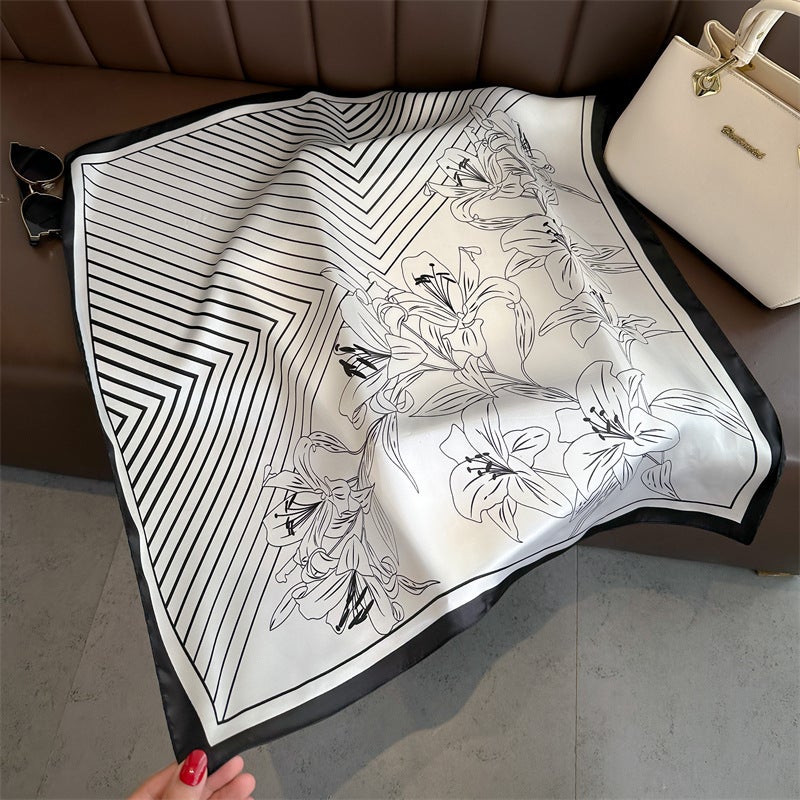 Spring and Summer Cartoon Cute Silk Scarf Small Square Silk 70cm Scarf Women's Korean Style Cat Hair Belt Decorative Headscarf - Image 5