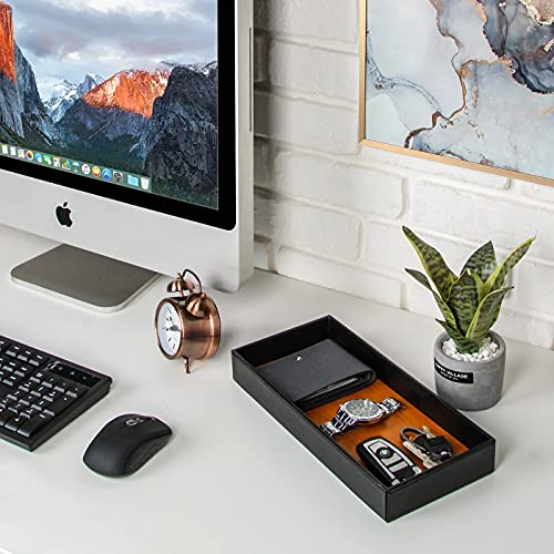 J JACKCUBE DESIGN JACKCUBE Design Leather Bamboo Valet Tray for Men, Catch All Trays for Key, Phone, Wallet, Coin, Sunglasses, EDC Dump Storage (Black) - MK205A - Image 2