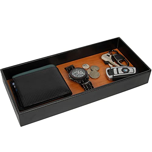 J JACKCUBE DESIGN JACKCUBE Design Leather Bamboo Valet Tray for Men, Catch All Trays for Key, Phone, Wallet, Coin, Sunglasses, EDC Dump Storage (Black) - MK205A - Image 1
