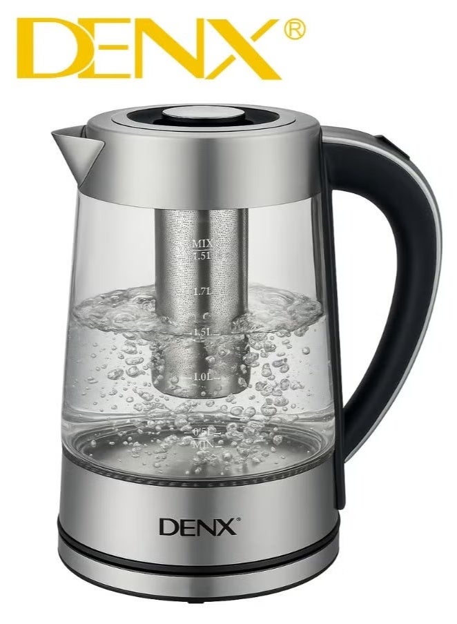 دينكس غلاية كهربائية Dx3408 مصنوعة من زجاج البورسليكات العالي، سعة 1.8 لتر، قوة 1500 واط، مع فلتر شبكي عالي الكثافة وحماية من الغليان الجاف - Image 1