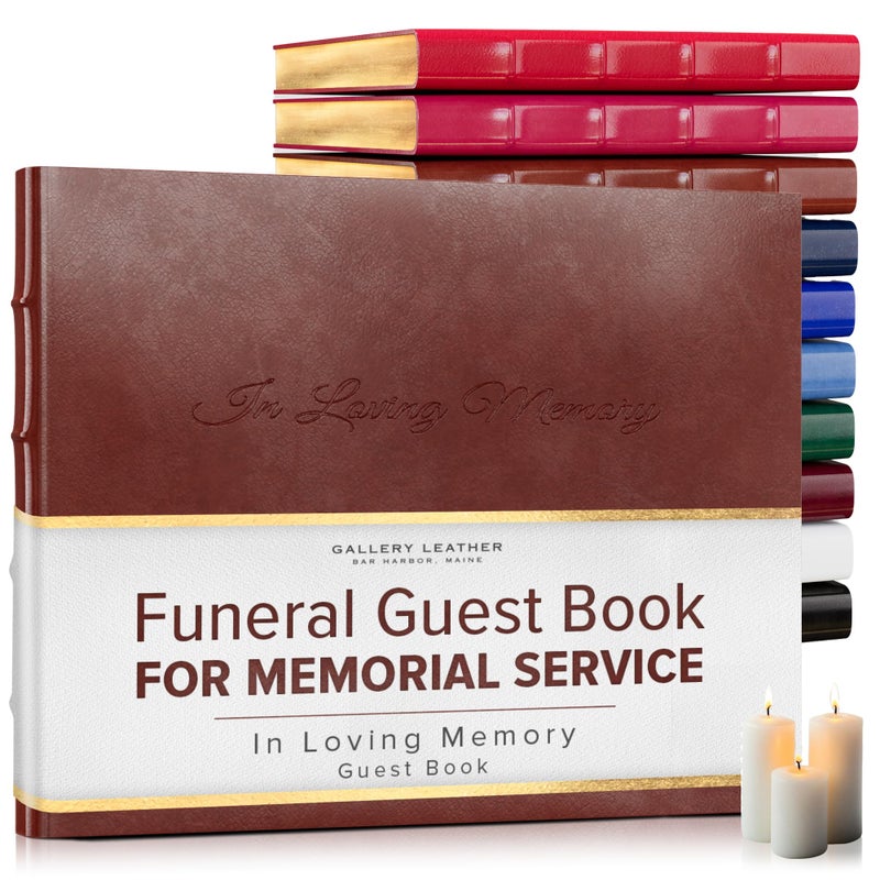 Gallery Leather Funeral Guest Book for Memorial Service and in Loving Memory with 192 Lined Pages  Hardcover Bound Leather Guest Sign in Book  7 x 9  Acadia Tan