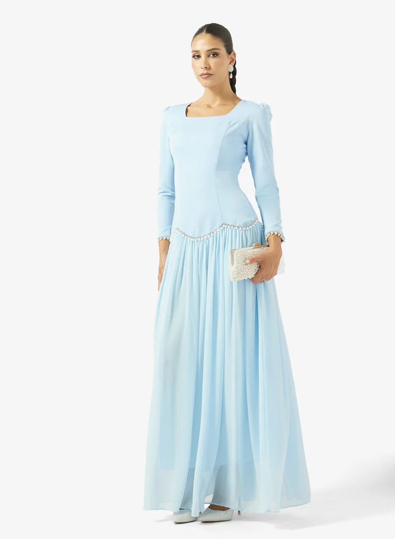 Akadia Fashion  SQUARE NECK PEARL DETAILS CREPE DRESS for Women | Best Price UAE