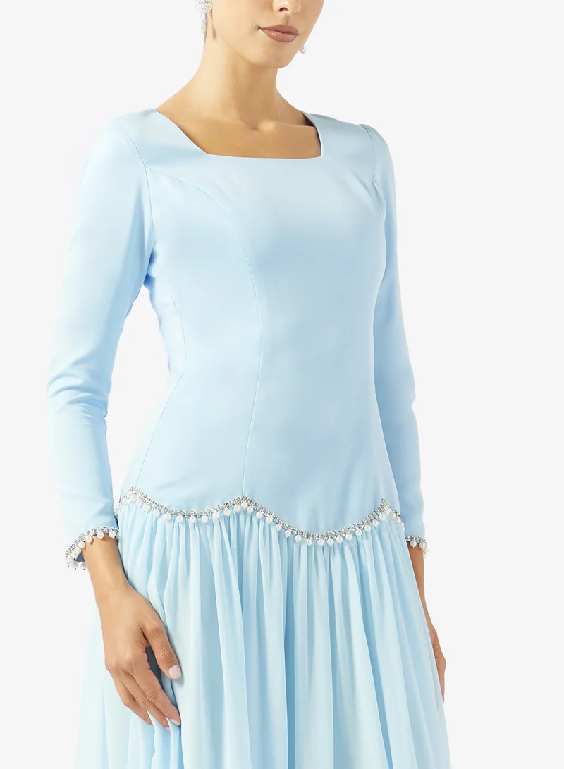 Akadia Fashion  SQUARE NECK PEARL DETAILS CREPE DRESS for Women | Best Price UAE