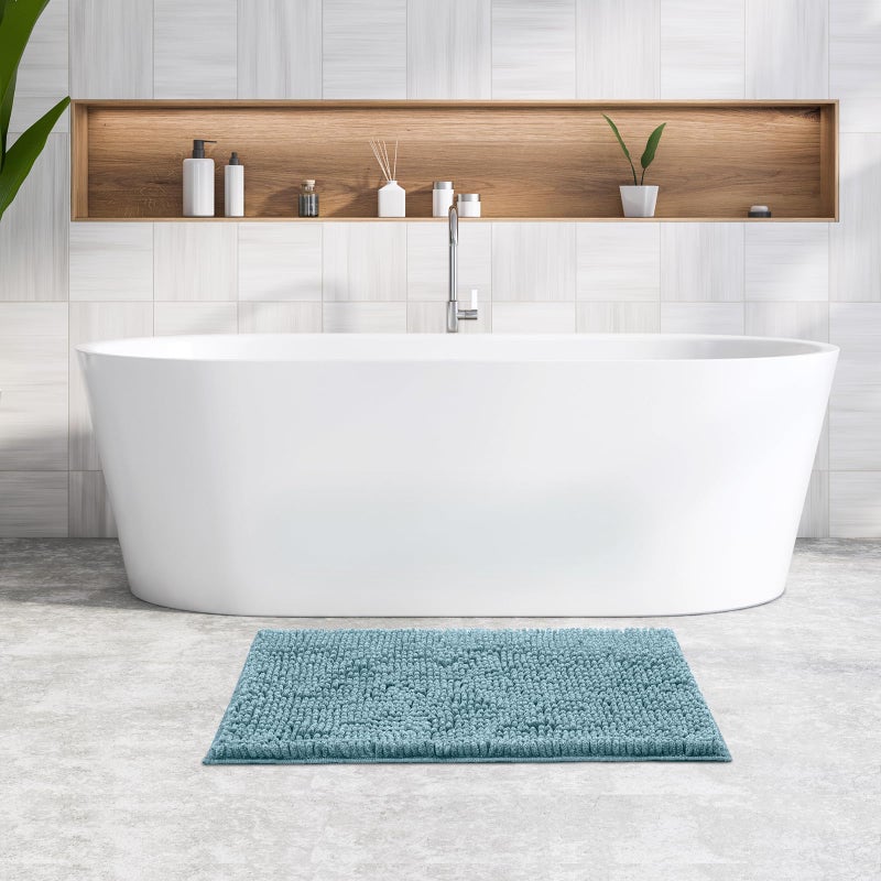 FRESHMINT Chenille Bathroom Rugs Mat 32""x20""  Non-Slip Bath Mat for Bathroom Floor & Bathtub  Washable Shower Shag Bath Rugs  Soft Fluffy Thick Water Absorbent Microfiber Shower Mat  Aqua Heather - Image 1