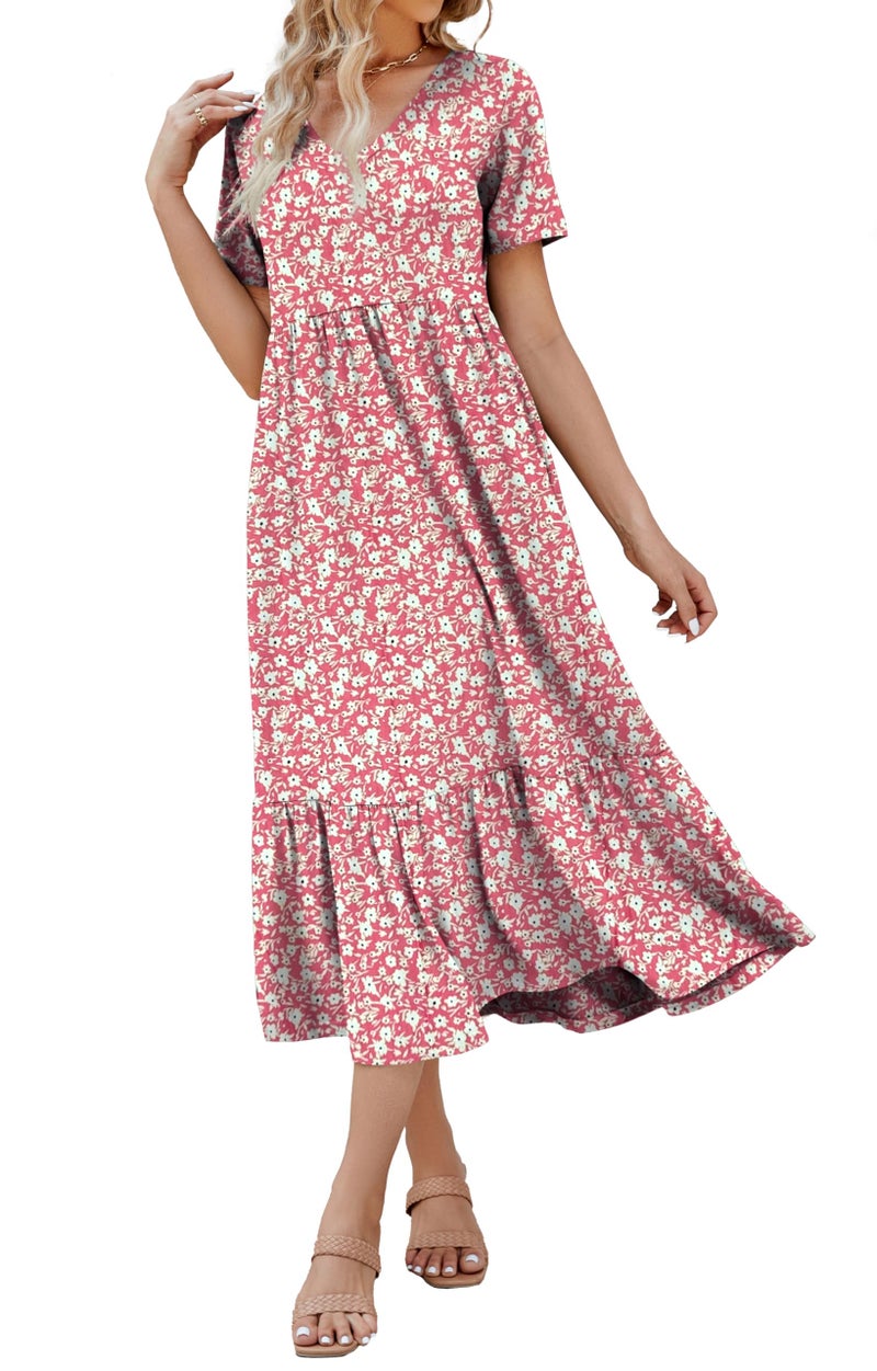 Jeqeocafy Women's 2026 Summer Short Sleeve V Neck Swing Dress Flowy Tiered Maxi Beach Sundress with Pockets - Image 1