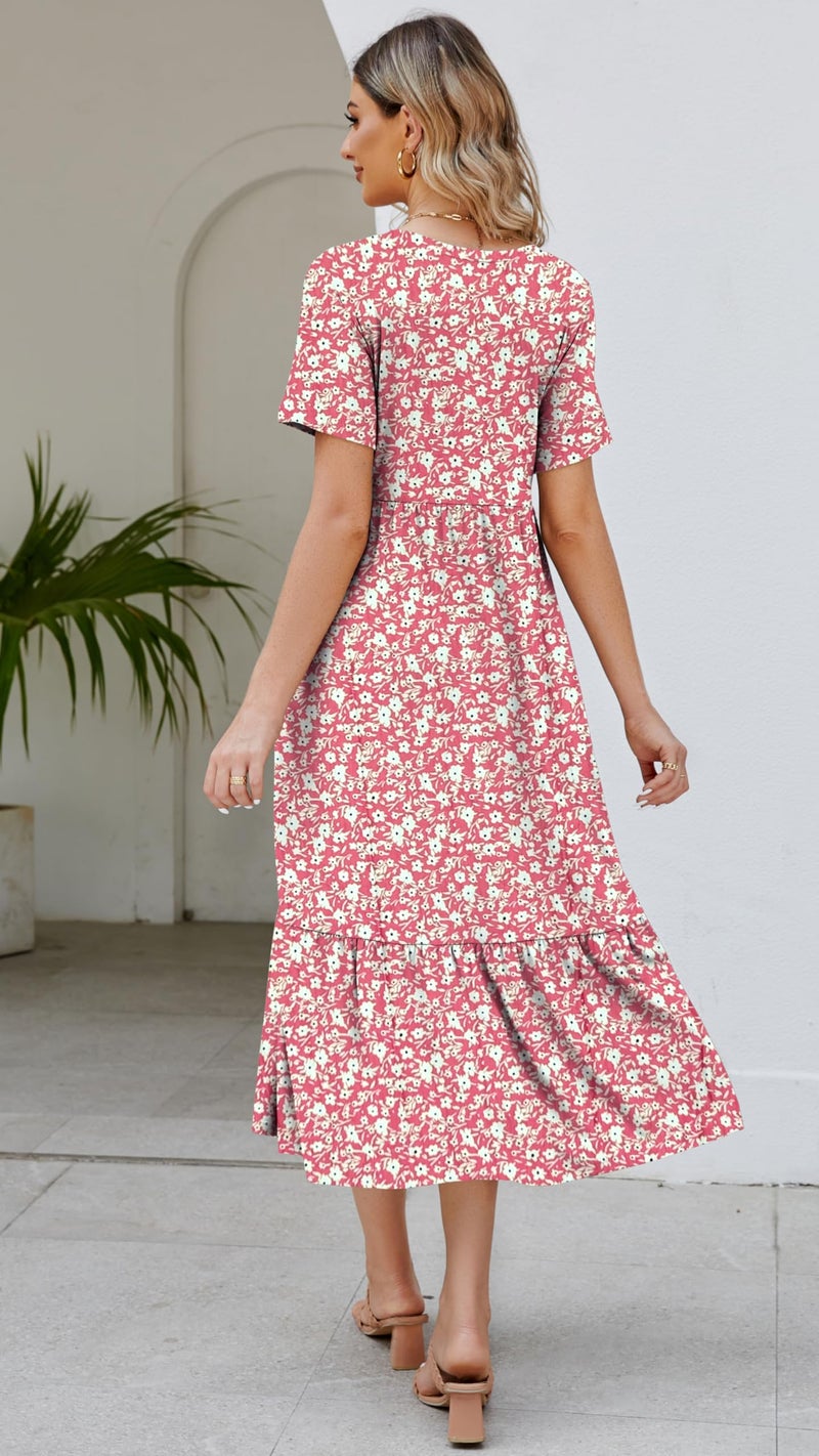 Jeqeocafy Women's 2026 Summer Short Sleeve V Neck Swing Dress Flowy Tiered Maxi Beach Sundress with Pockets - Image 5