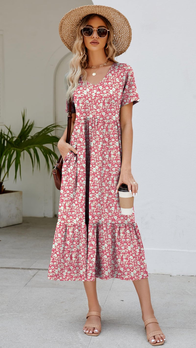 Jeqeocafy Women's 2026 Summer Short Sleeve V Neck Swing Dress Flowy Tiered Maxi Beach Sundress with Pockets - Image 3
