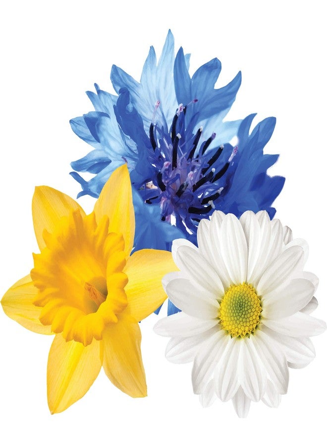 StikArt Removable Flower Decals Printed on Waterproof Canvas, Yellow Daffodils, Blue Bachelor Buttons and White Chamomile Flowers (24 Decals) - Image 1