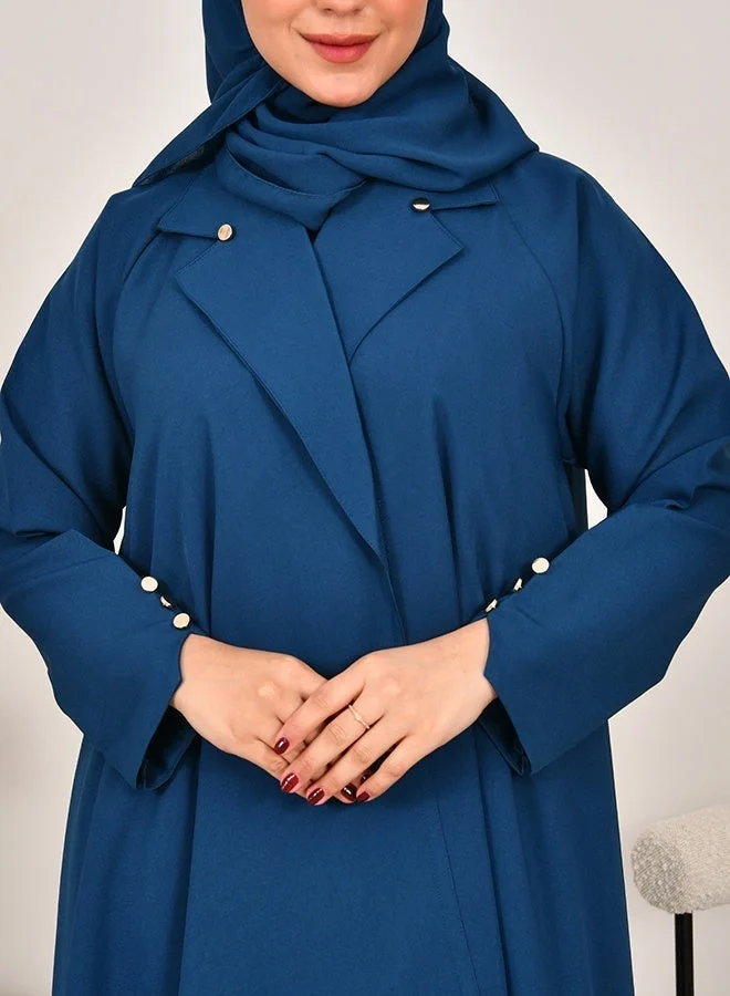 عبايات حوراء عباية بقصة رسمية كلوش بااللون الازرق مزينة بأزرار ذهبية
