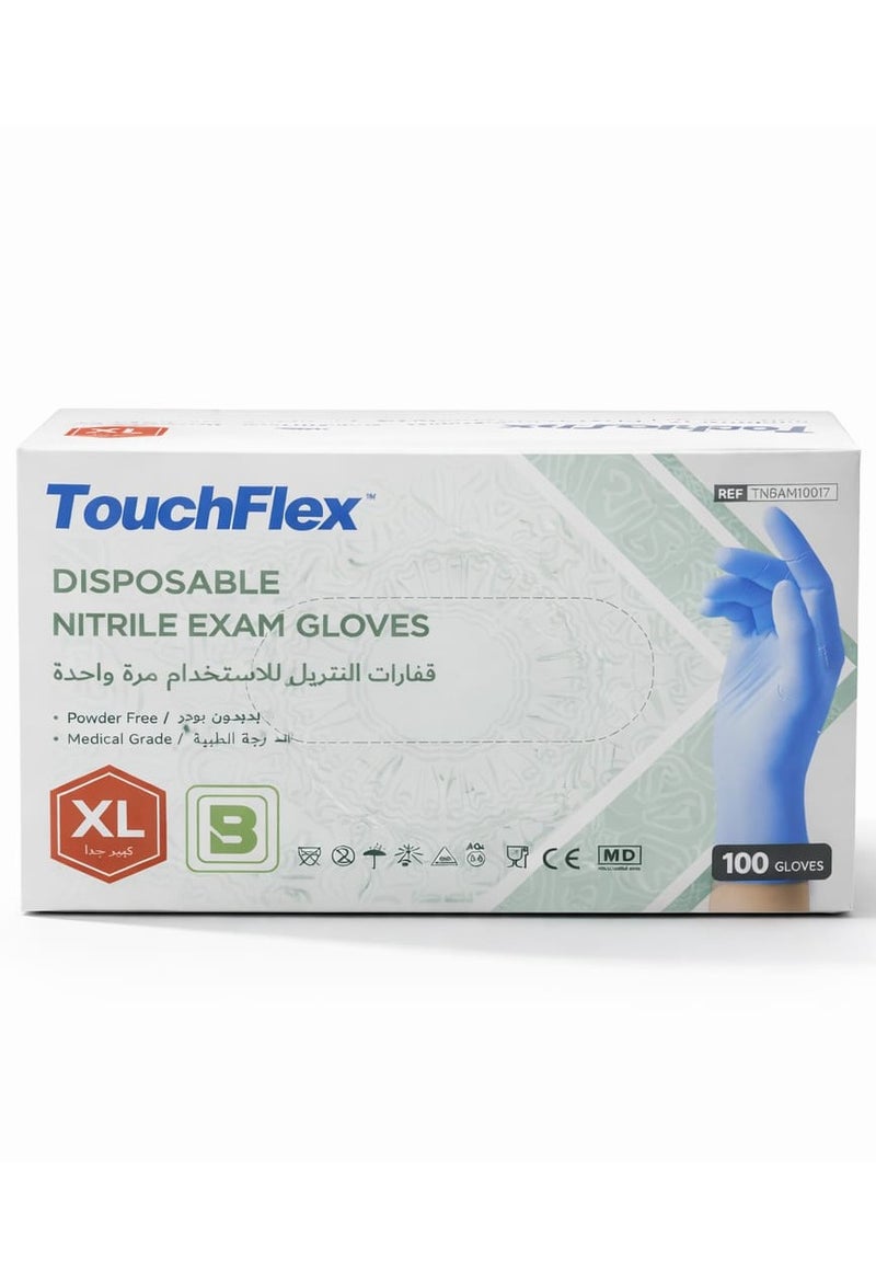 TouchFlex Nitrile Examination Gloves Powder Free Size: XL Pack of 100 - Image 1