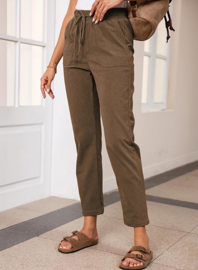 EVALESS Corduroy Pants for Women Casual Drawstring Elastic High Waist Straight Leg Pants Loose Comfy Trousers with Pockets, B Brown, M - Image 3