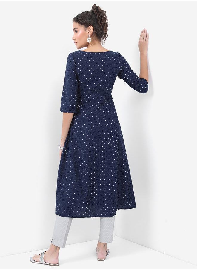 Vishudh Navy Blue Geometric Printed Thread Work A-Line Kurta by Styli  - Image 3