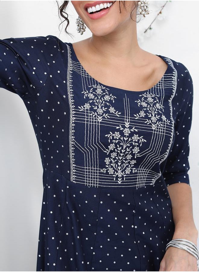 Vishudh Navy Blue Geometric Printed Thread Work A-Line Kurta by Styli  - Image 5